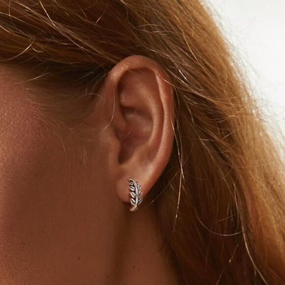 Silver Leaf Hoop Earrings - Picture 2 of 7